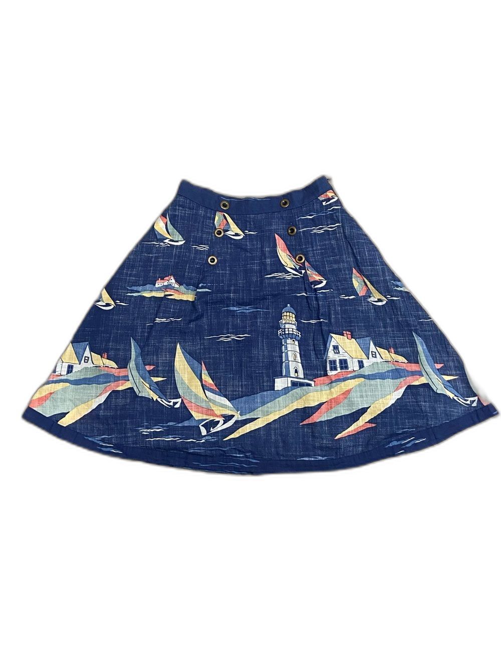Odille Anthropologie A-Line Skirt Nautical Sailboat Lighthouse Summer 💯 Cotton